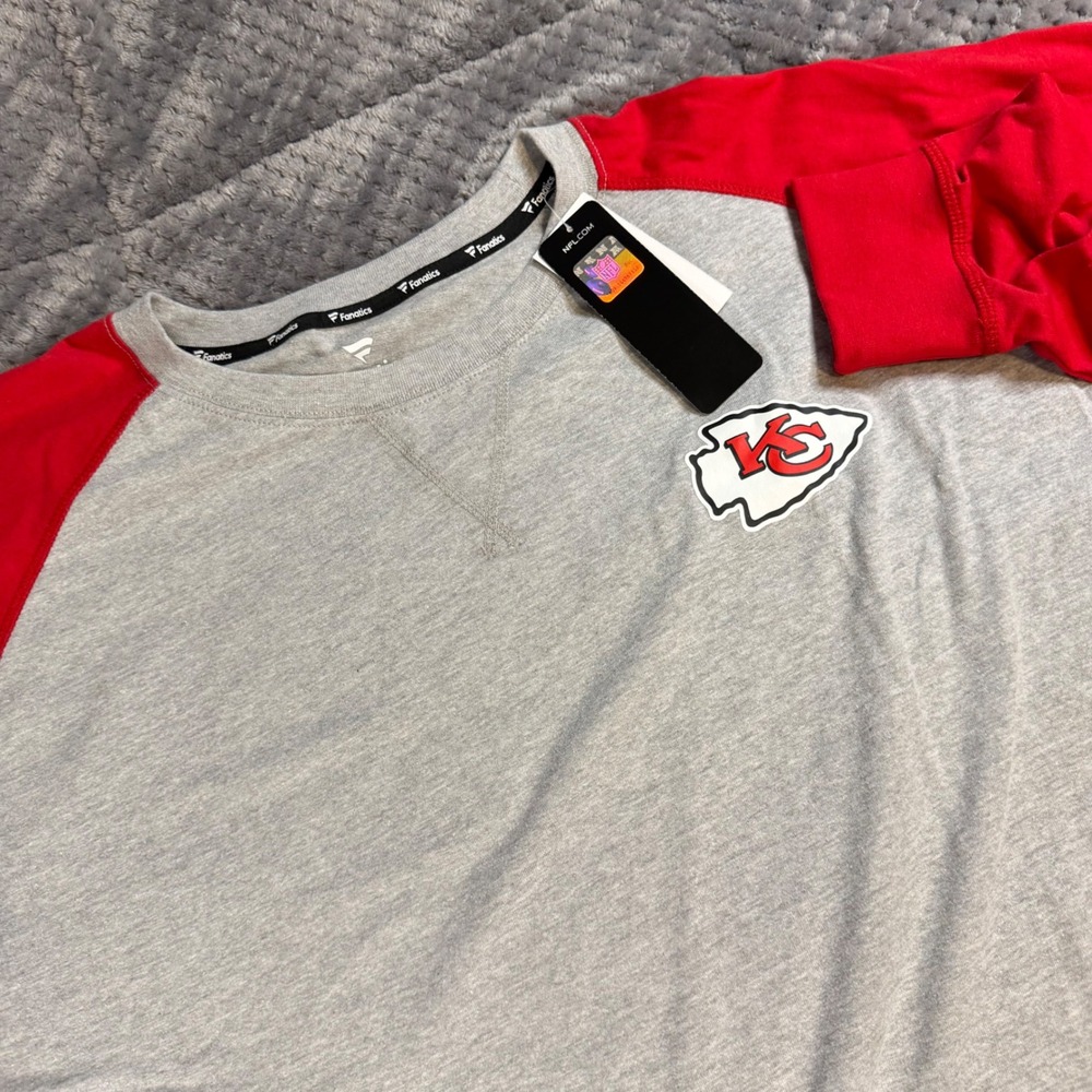 Fanatics Kansas City Chiefs Mens 2XL Gray Red Raglan Long Sleeve NFL T-Shirt NWT